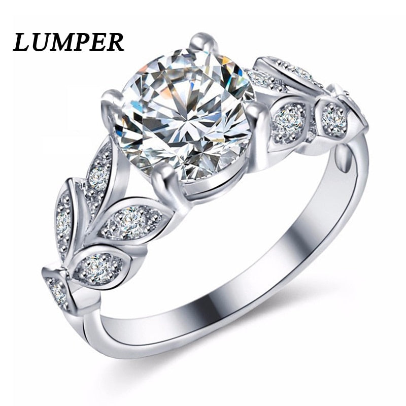 LUNPER Wedding Crystal Silver Color Rings Leaf Engagement Gold Color Cubic Zircon Ring Fashion For Women Jewelry 07