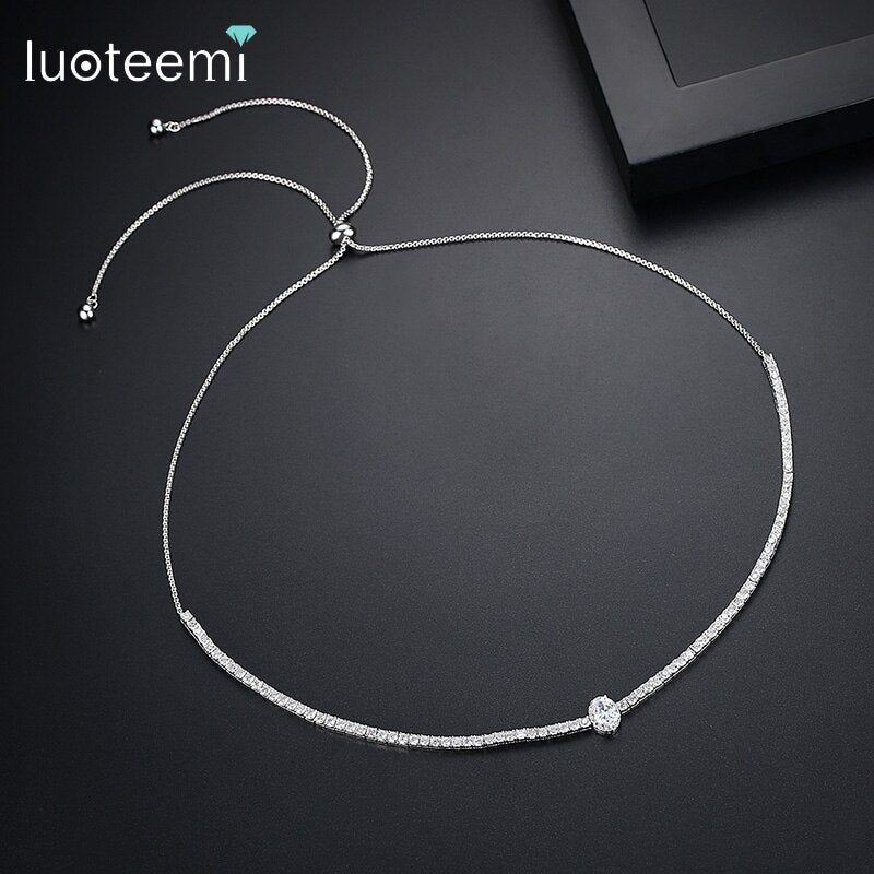 LUOTEEMI Adjustable Tennis Necklace for Women Oval Cubic Zircon Silver Color Wedding Jewelry for Bridal collares para mujer
