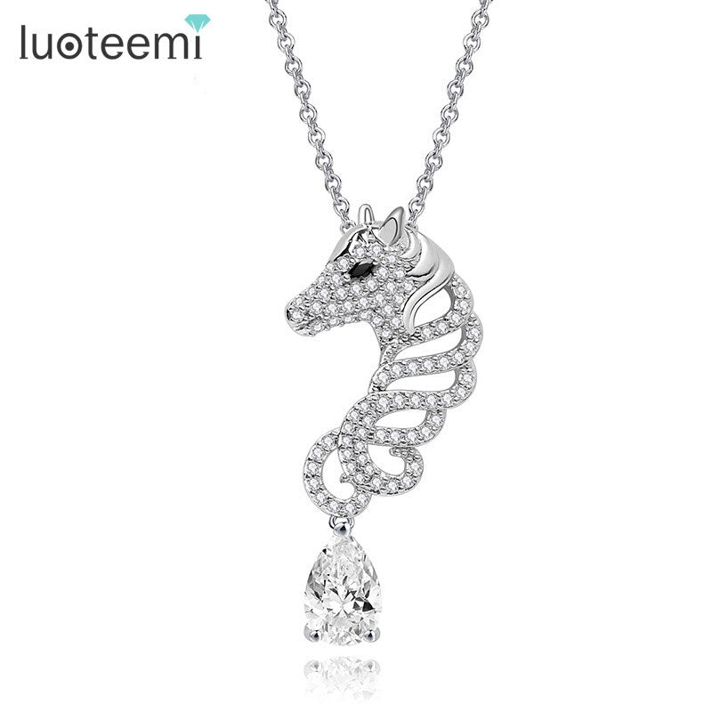 LUOTEEMI  Antique Cute Animal Horse Link Chain Pendant Necklace For Women  Bling White Gold-Color Jewelry 2016
