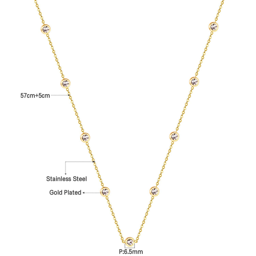 LUXUKISSKIDS Round Zircon Pendants Necklaces Gold Color Stainless Steel Long 57cm+5cm Link Chains Necklaces Costume Accessories