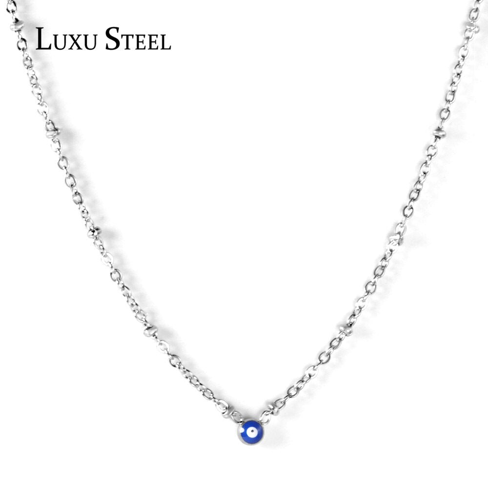 LUXUSTEEL Evil Eye Necklace Collar Inoxidable Round Blue Eye Pendant Necklace Collier Female Silver Color 45cm+5cm Beaded Chains
