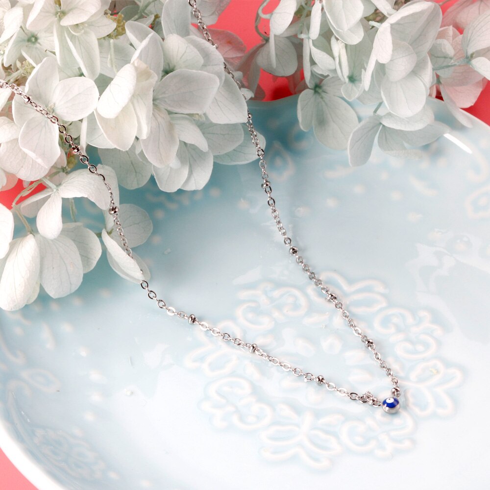 LUXUSTEEL Evil Eye Necklace Collar Inoxidable Round Blue Eye Pendant Necklace Collier Female Silver Color 45cm+5cm Beaded Chains