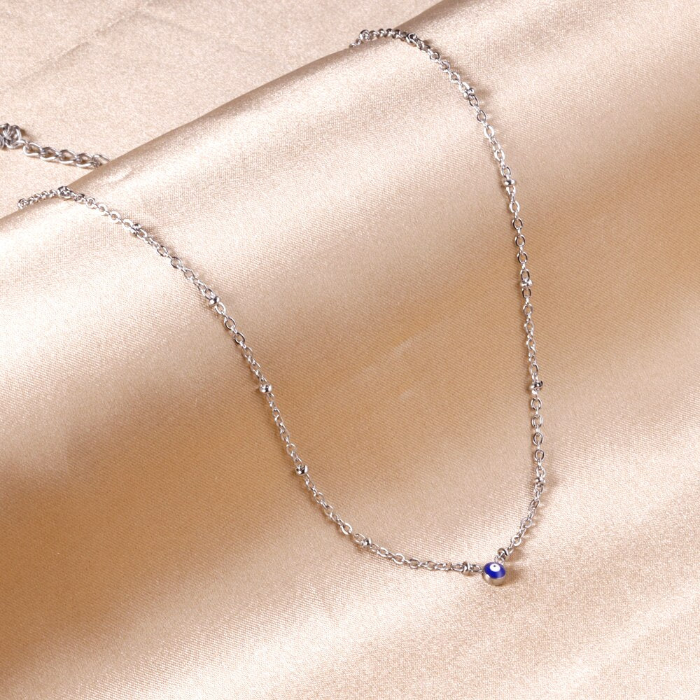 LUXUSTEEL Evil Eye Necklace Collar Inoxidable Round Blue Eye Pendant Necklace Collier Female Silver Color 45cm+5cm Beaded Chains