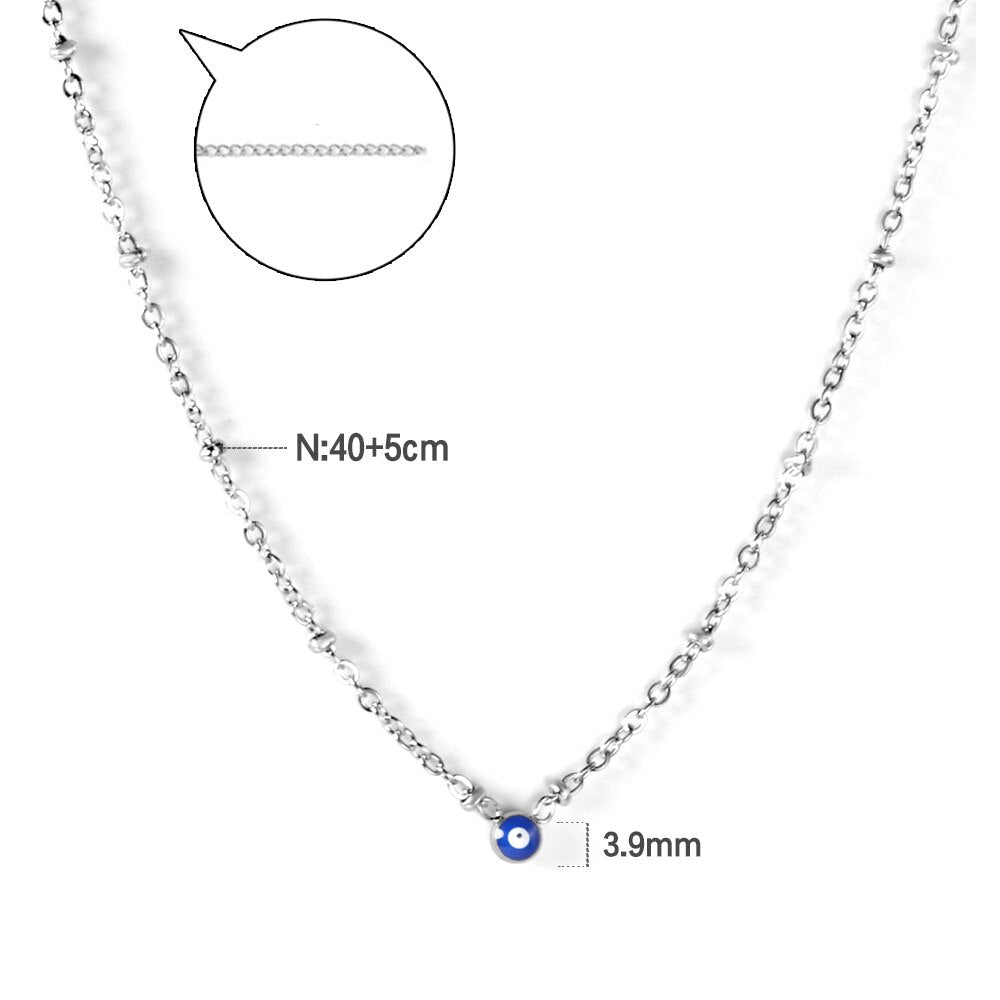 LUXUSTEEL Evil Eye Necklace Collar Inoxidable Round Blue Eye Pendant Necklace Collier Female Silver Color 45cm+5cm Beaded Chains