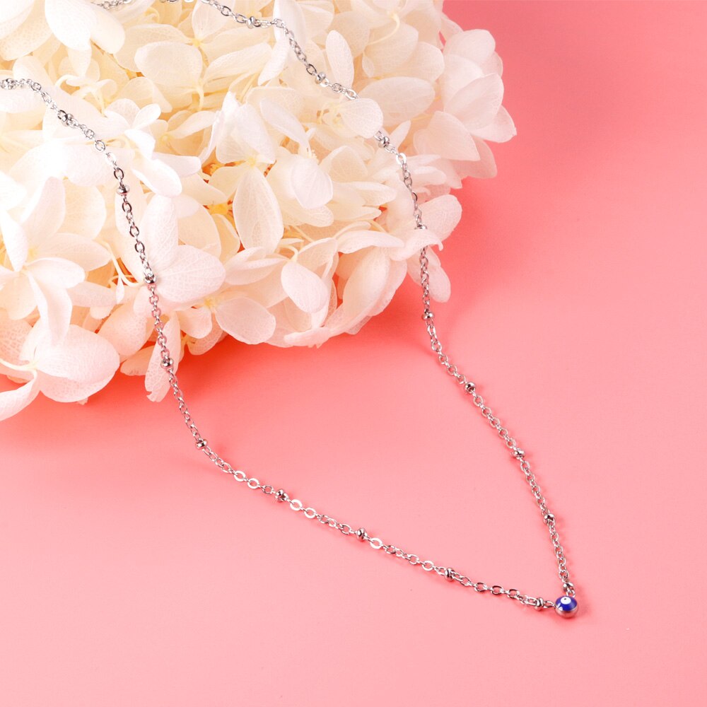 LUXUSTEEL Evil Eye Necklace Collar Inoxidable Round Blue Eye Pendant Necklace Collier Female Silver Color 45cm+5cm Beaded Chains