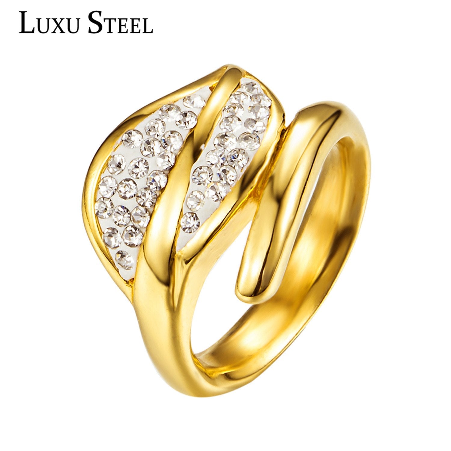 Exquisite Design Shiny Love Leaf With Cubic Ziconia Crystal Gold Color Fashion Party Rings For Women Fashion Party