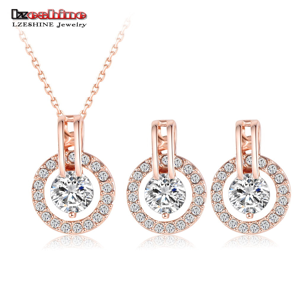 New Big Sale Wedding Jewelry Sets for Women Rose Gold Color Necklace and Earring Set Bijouterie Aretes ST0017-A