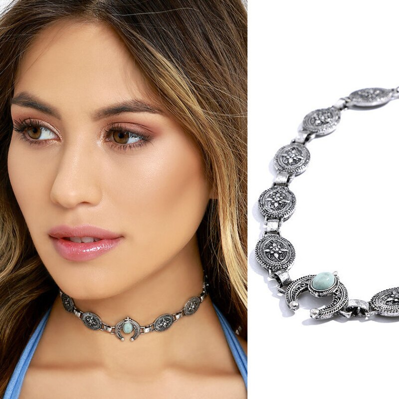 LZHLQ Gypsy Style Design Choker Necklace Women Jewelry Alloy Inlaid Synthetic Blue Stone Ladies Temperament Collar