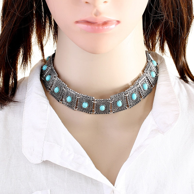 LZHLQ Retro Pattern Blue Stone Choker Necklaces 2021 Trendy Women Brand Jewelry Geometric Splice Rectangle Maxi Torques Necklace