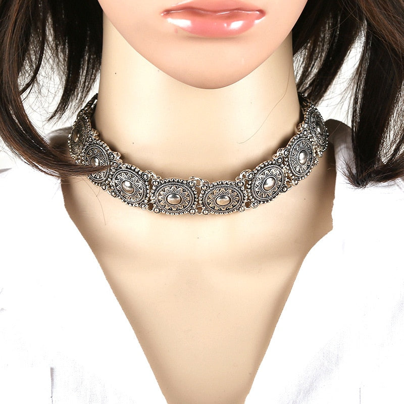 LZHLQ Vintage Carving Round Necklaces 2021 Women Short Choker Maxi Punk Torques Jewelry  Plated Metal Alloy Necklace