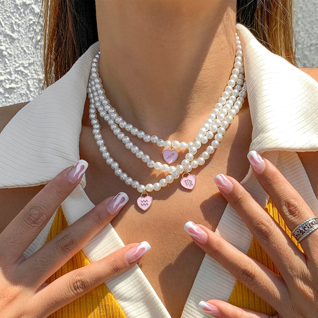 Lacteo 12 Constellation Y2K Colorful Painted Pendant Necklace Jewelry For Women Harajuku Imitation Pearls Collor Chain Necklace