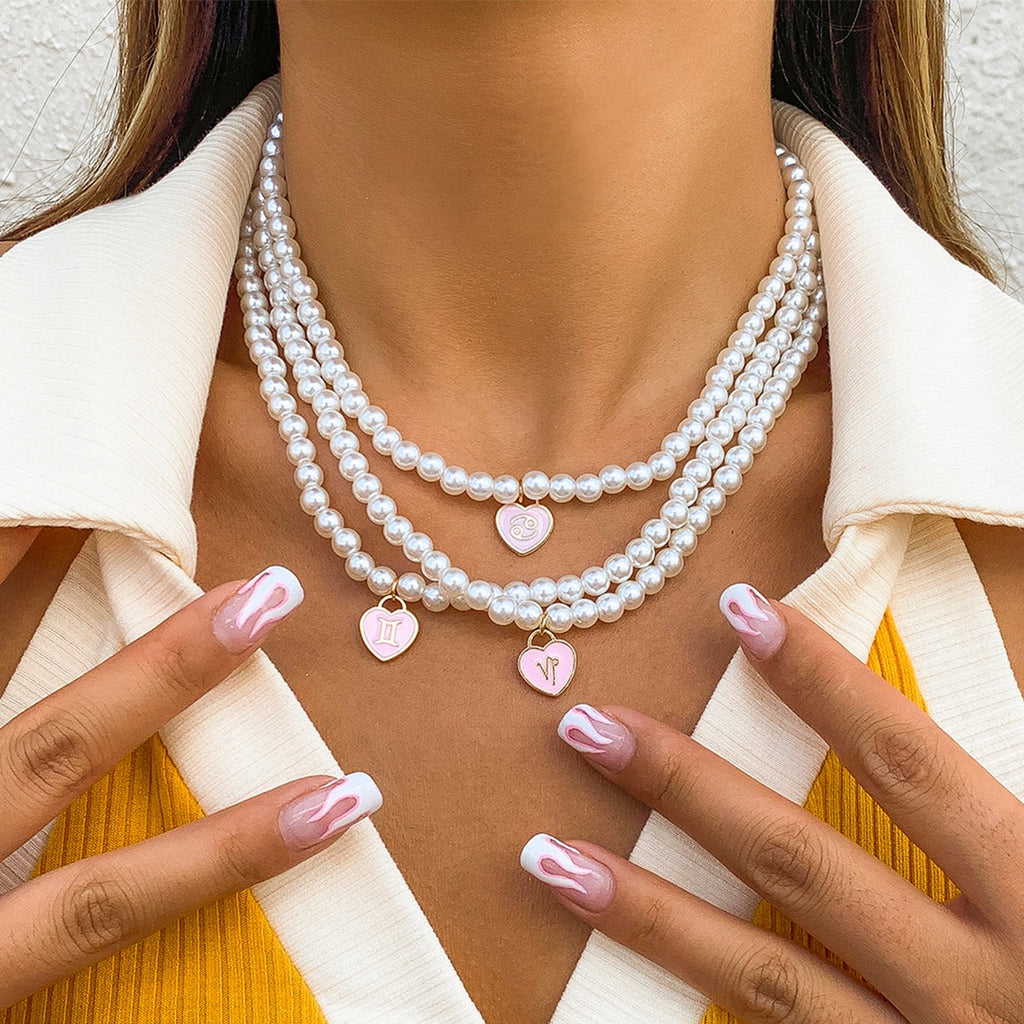 Lacteo 12 Constellation Y2K Colorful Painted Pendant Necklace Jewelry For Women Harajuku Imitation Pearls Collor Chain Necklace