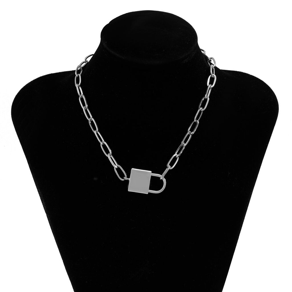 Lacteo 2 Style Simple Minimalist Lock Pendant Necklace For Women HipHop Cross Aluminum Chain Choker Necklace Jewelry Accessories