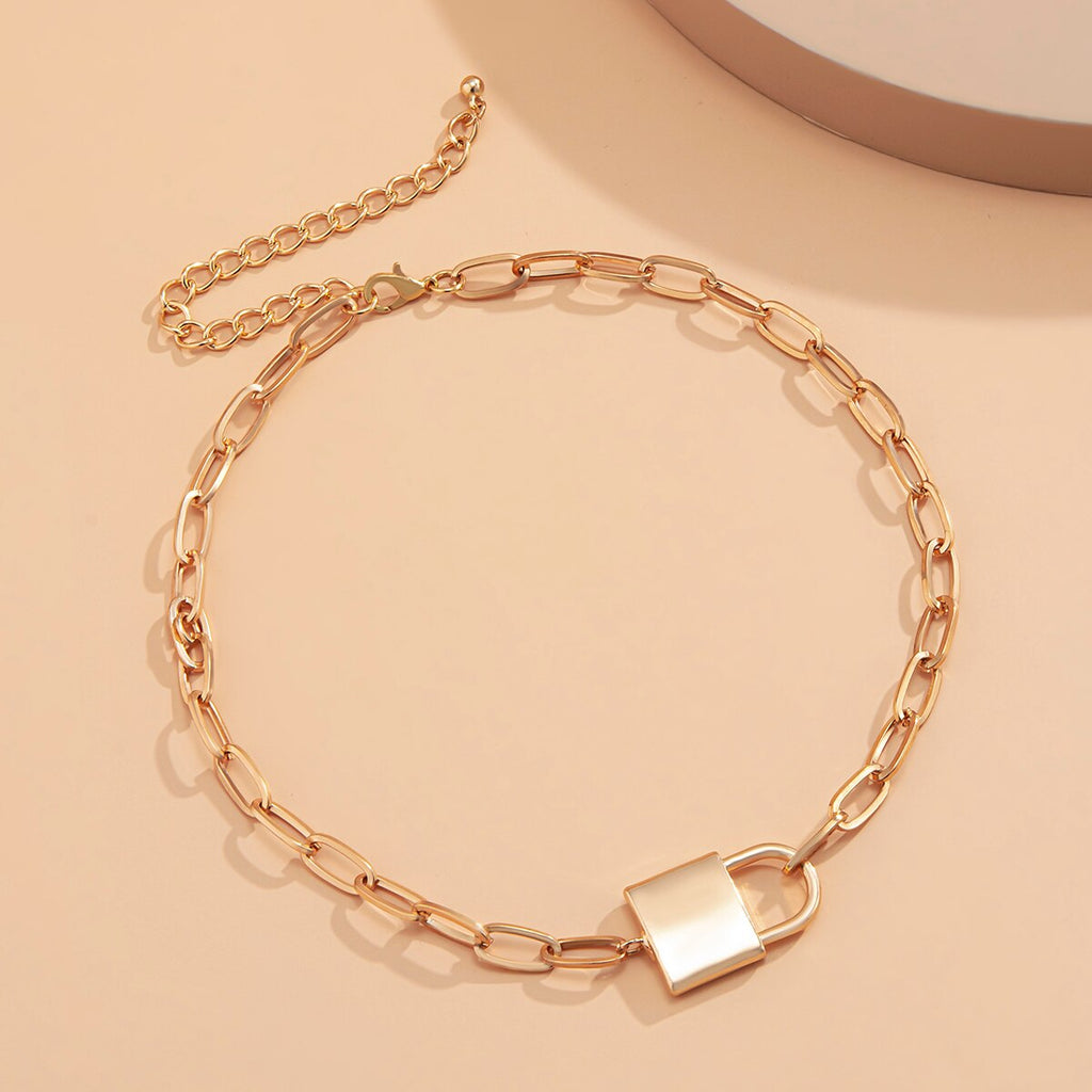 Lacteo 2 Style Simple Minimalist Lock Pendant Necklace For Women HipHop Cross Aluminum Chain Choker Necklace Jewelry Accessories