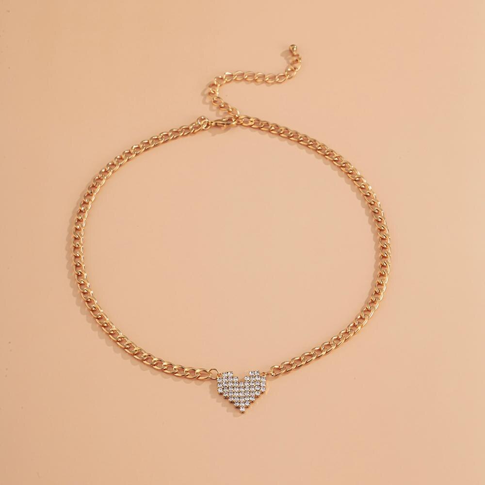 Lacteo 2021 Bling Rhinestone Love Heart Pendant Necklace Simple Minimalist Metal Choker Necklace Jewelry for Women