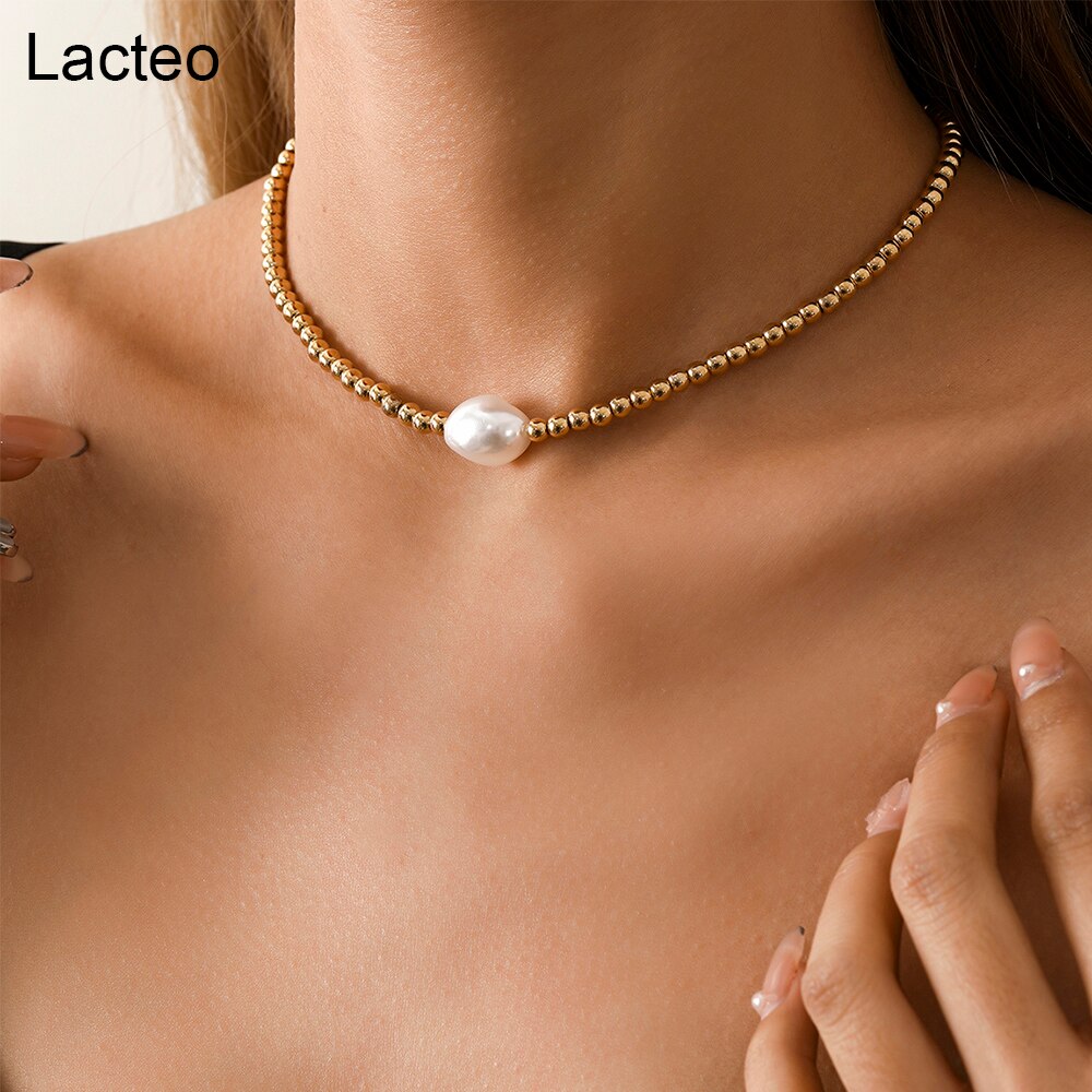 Lacteo 2021 Trendy Imitation Pearls Clavicle Chain Choker Necklace Steampunk CCB Beads Charm Necklace Jewelry For Women