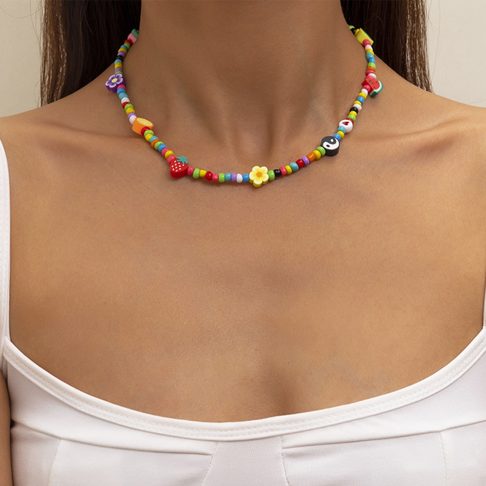 Lacteo 2022 INS Trendy Rainbow Color Beeds Clavicle Chain Choker Necklace Acrylic Fruit Flower Jewelry Charm Necklace