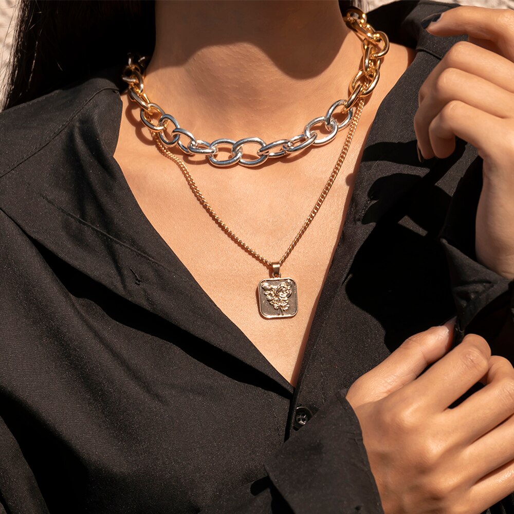 Lacteo 2021 Trendy Color Matching Clavicle Chain Choker Necklace For Women Vintage Rose Carved Coin Pendant Necklace