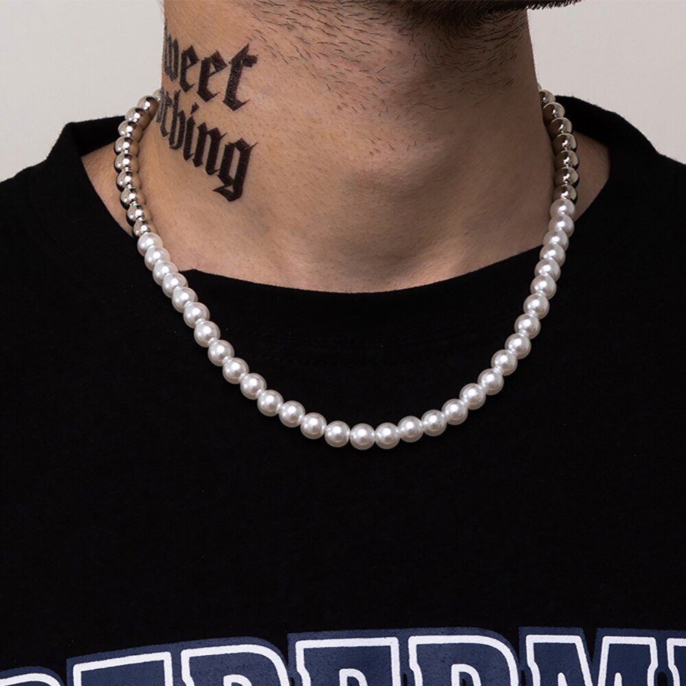 Lacteo 2021 Trendy Couple Imitation Pearls Necklace Jewelry Accessories Punk Round Beads Clavicle Chain Choker Necklace