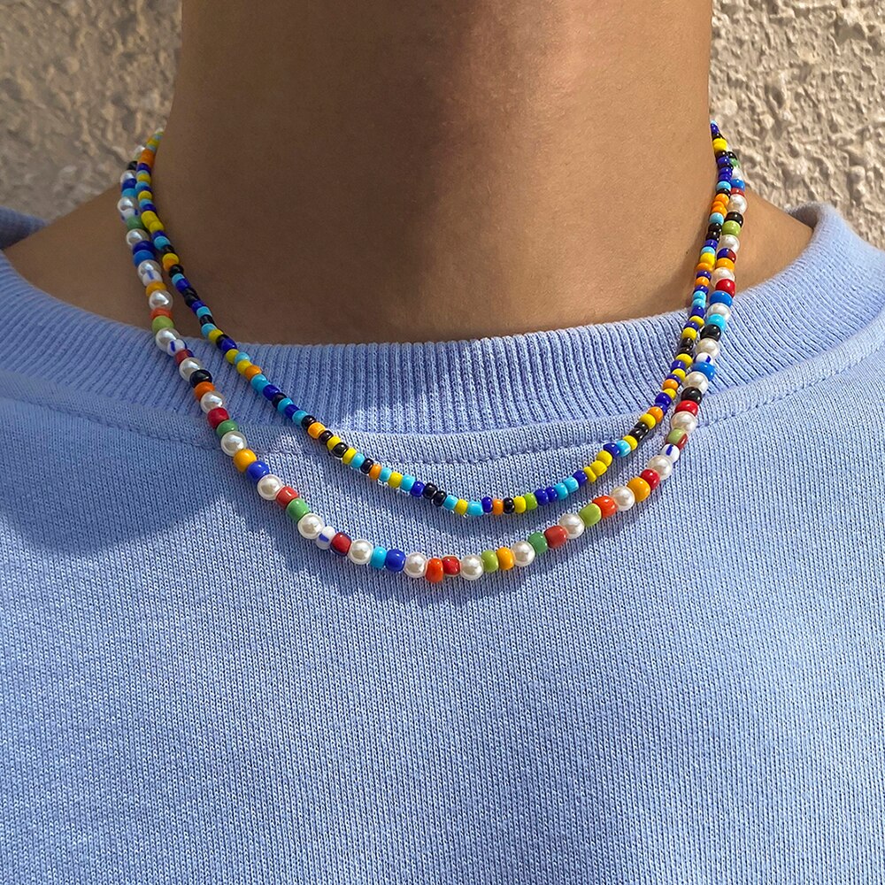 Lacteo 2Pcs/Set Y2K Candy Rainbow Color Choker Necklace Jewelry For Men and Women Bohemian Resin Acrylic Beeds Clavicle Necklace