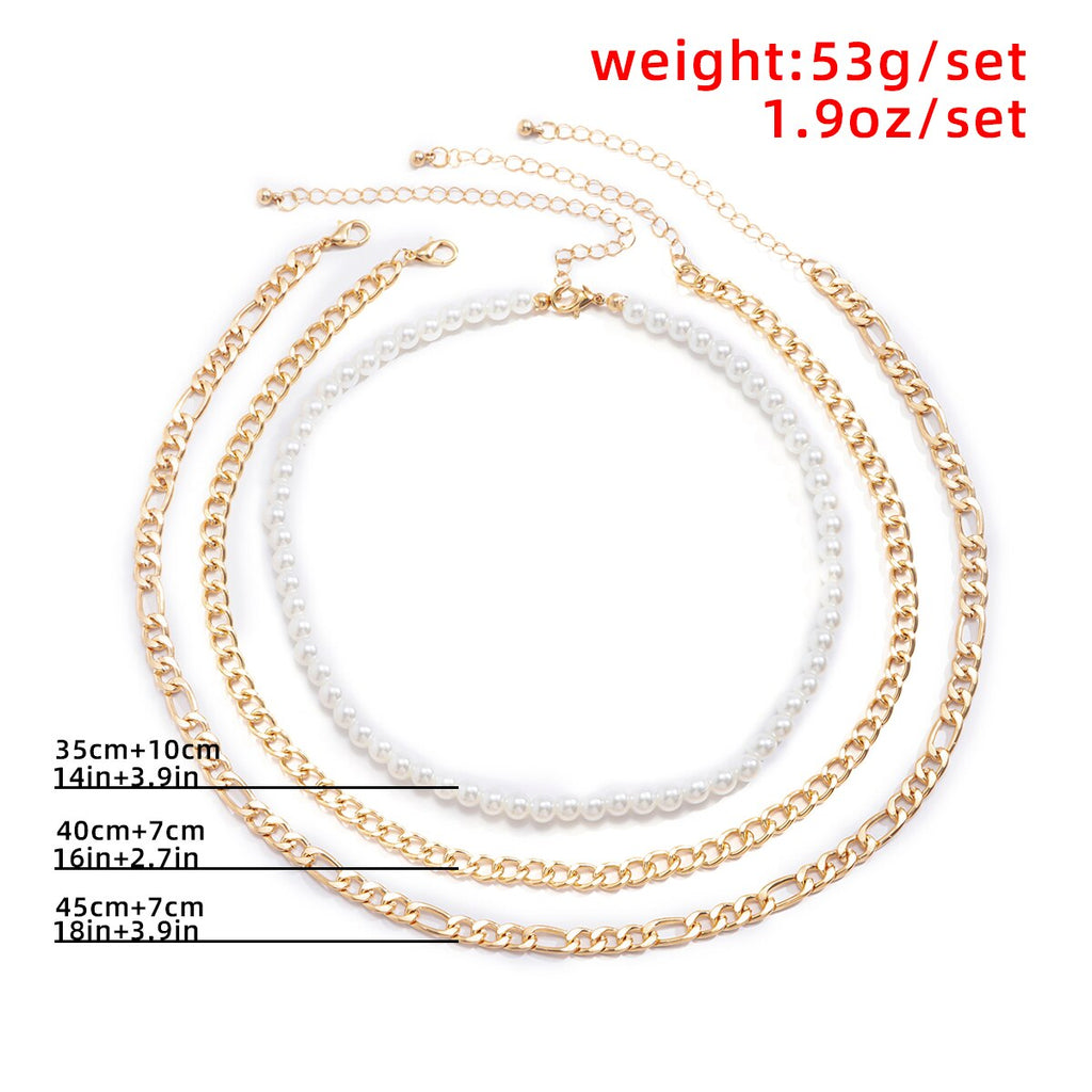 Lacteo 3 Pcs/Set Vintage Imitation Pearls Clavicle Choker Necklace For Women Exaggerated Double Layer Aluminum Chain Necklace