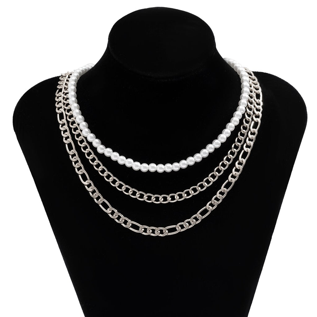 Lacteo 3 Pcs/Set Vintage Imitation Pearls Clavicle Choker Necklace For Women Exaggerated Double Layer Aluminum Chain Necklace