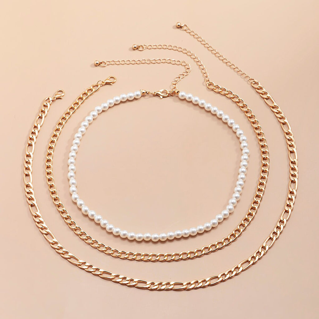 Lacteo 3 Pcs/Set Vintage Imitation Pearls Clavicle Choker Necklace For Women Exaggerated Double Layer Aluminum Chain Necklace