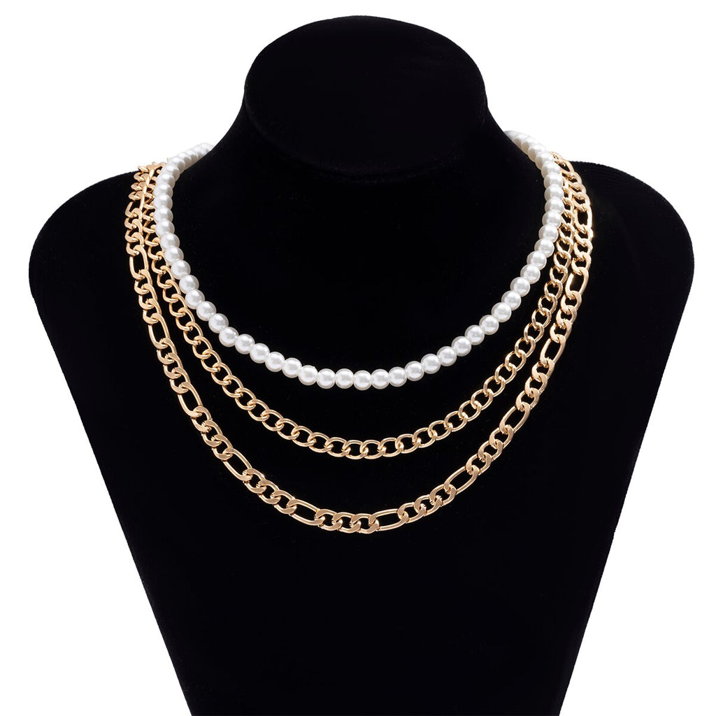 Lacteo 3 Pcs/Set Vintage Imitation Pearls Clavicle Choker Necklace For Women Exaggerated Double Layer Aluminum Chain Necklace