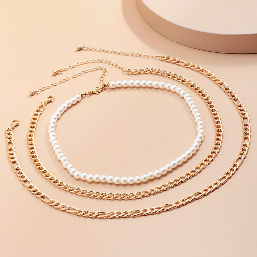 Lacteo 3 Pcs/Set Vintage Imitation Pearls Clavicle Choker Necklace For Women Exaggerated Double Layer Aluminum Chain Necklace