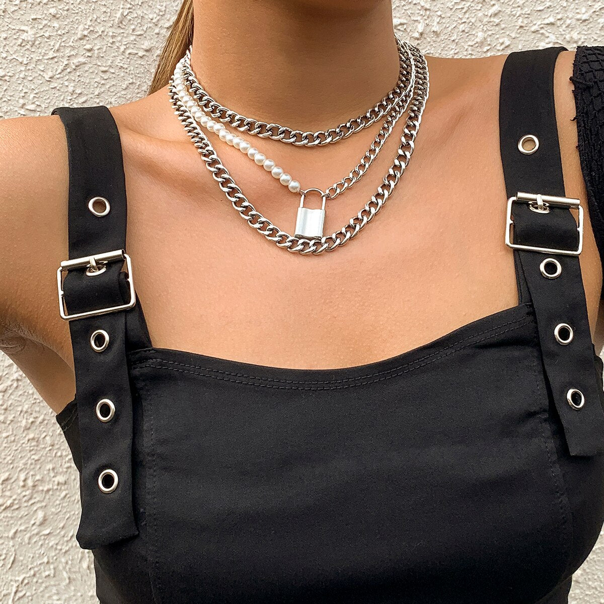 Lacteo 3Pc/Set Neo Gothic Silver Color Lock Pendant Necklace For Women Men Hip Hop Imitation Pearl Chain Choker Necklace Jewelry
