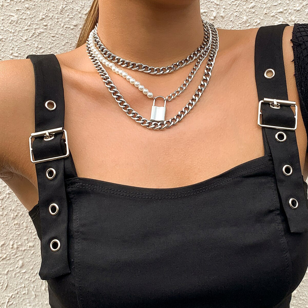 Lacteo 3Pc/Set Neo Gothic Silver Color Lock Pendant Necklace For Women Men Hip Hop Imitation Pearl Chain Choker Necklace Jewelry