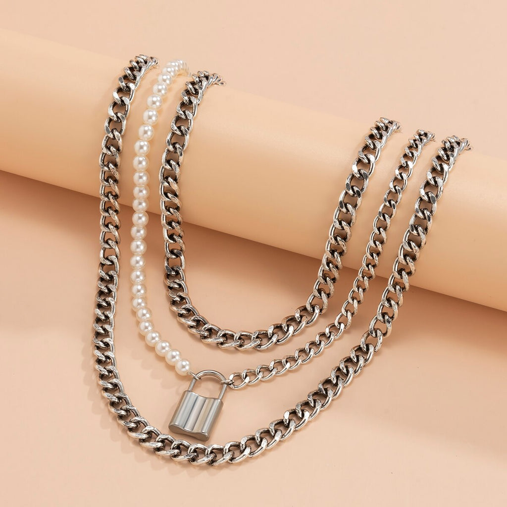 Lacteo 3Pc/Set Neo Gothic Silver Color Lock Pendant Necklace For Women Men Hip Hop Imitation Pearl Chain Choker Necklace Jewelry