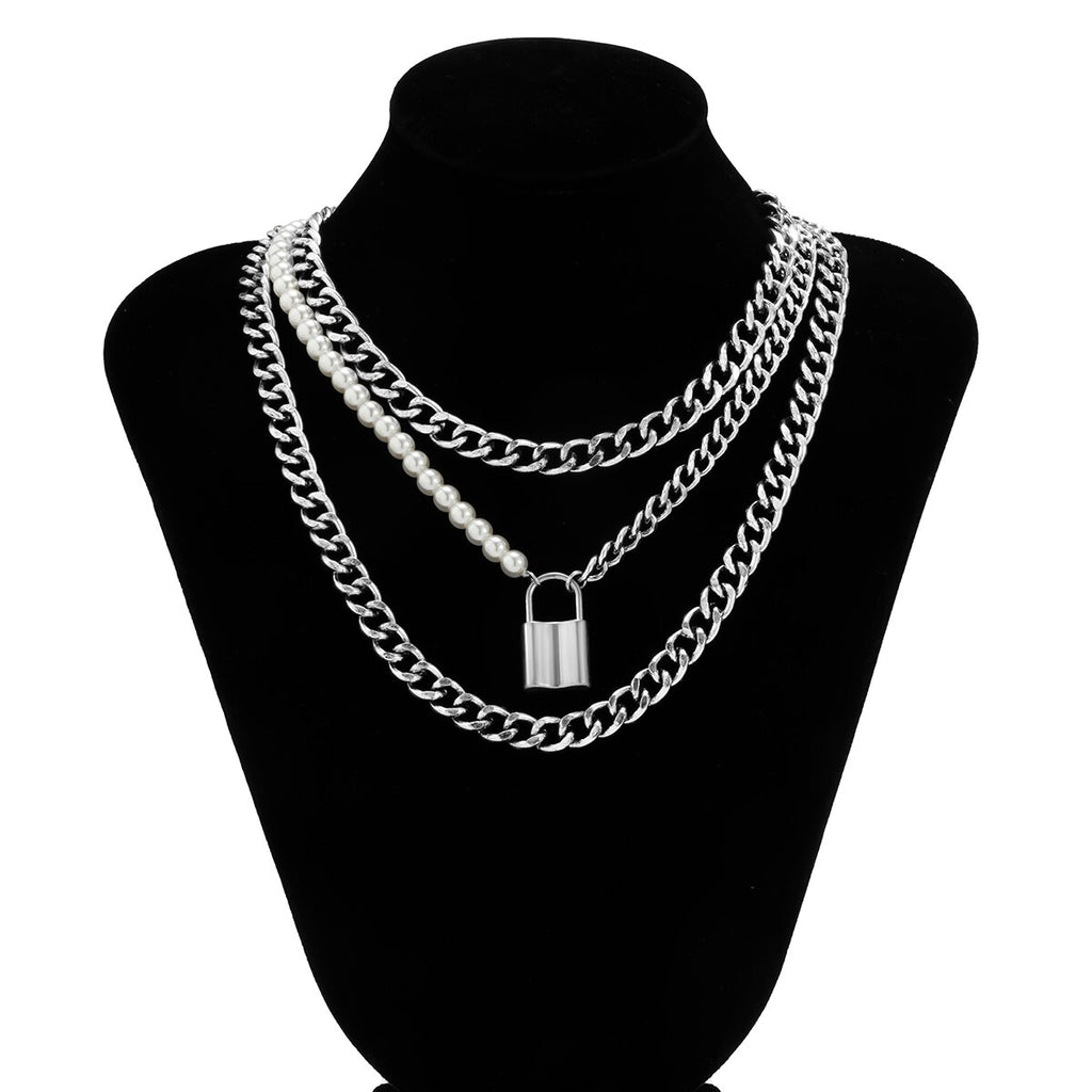 Lacteo 3Pc/Set Neo Gothic Silver Color Lock Pendant Necklace For Women Men Hip Hop Imitation Pearl Chain Choker Necklace Jewelry