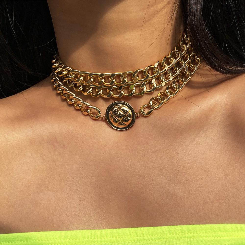 Lacteo 3pcs/set Miami Cuba Thick Chunky Clavicle Chain Choker Necklace Jewelry for Women Punk Hip Hop Carved Coin Charm Necklace
