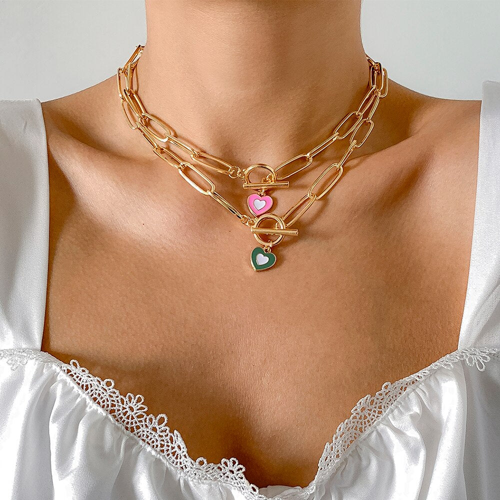 Lacteo 5 Style Color Y2K Love Heart Painted Pendant Necklace Jewelry For Women Punk Circle Stick Cross Chain Choker Necklaces