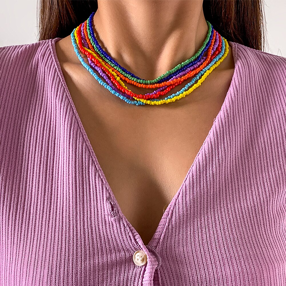 Lacteo 7 Pcs/Set Bohemian Colorful Beeds Acrylic Choker Necklace 2022 Trendy Candy Rainbow Color Collor Charm Necklace