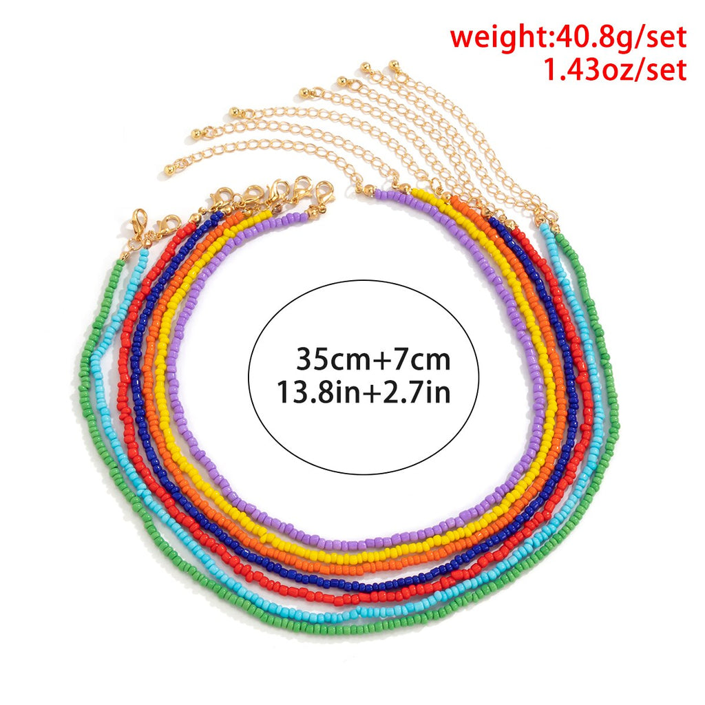 Lacteo 7 Pcs/Set Bohemian Colorful Beeds Acrylic Choker Necklace 2022 Trendy Candy Rainbow Color Collor Charm Necklace