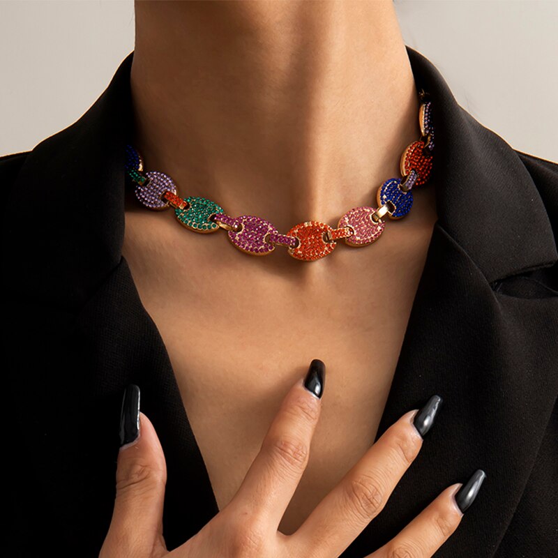 Lacteo Bohemian Colorful Irregular Rhinestone Choker Necklace For Women Steampunk Sliding Adjustable Long Chain Jewelry Necklace