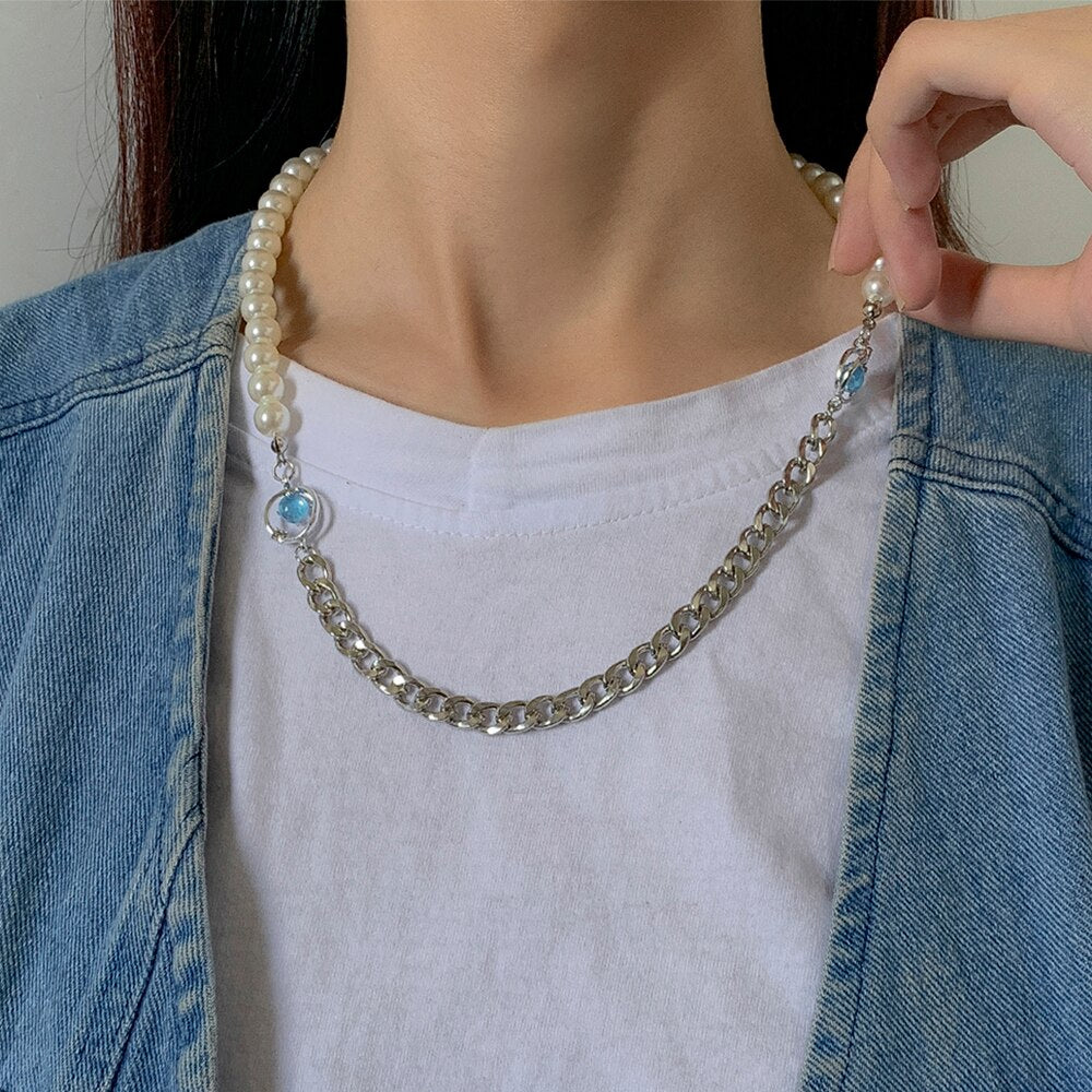 Lacteo Bohemian Imitation Pearls Clavicle Chain Choker Necklace Hip Hop Sexy Rhinestone Asymmetric Jewelry Charm Necklace