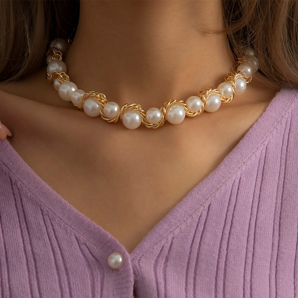 Lacteo Bohemian Imitation Pearls Stitchable Metal Chain Choker Necklace For Women Daily Life Jewelry Accessories