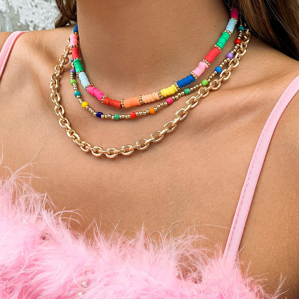 Lacteo Bohemian Rainbow Colorful Acrylic Chain Necklace For Women Trendy Heishi Clay Beads Multi Layered Choker Necklace Jewelry