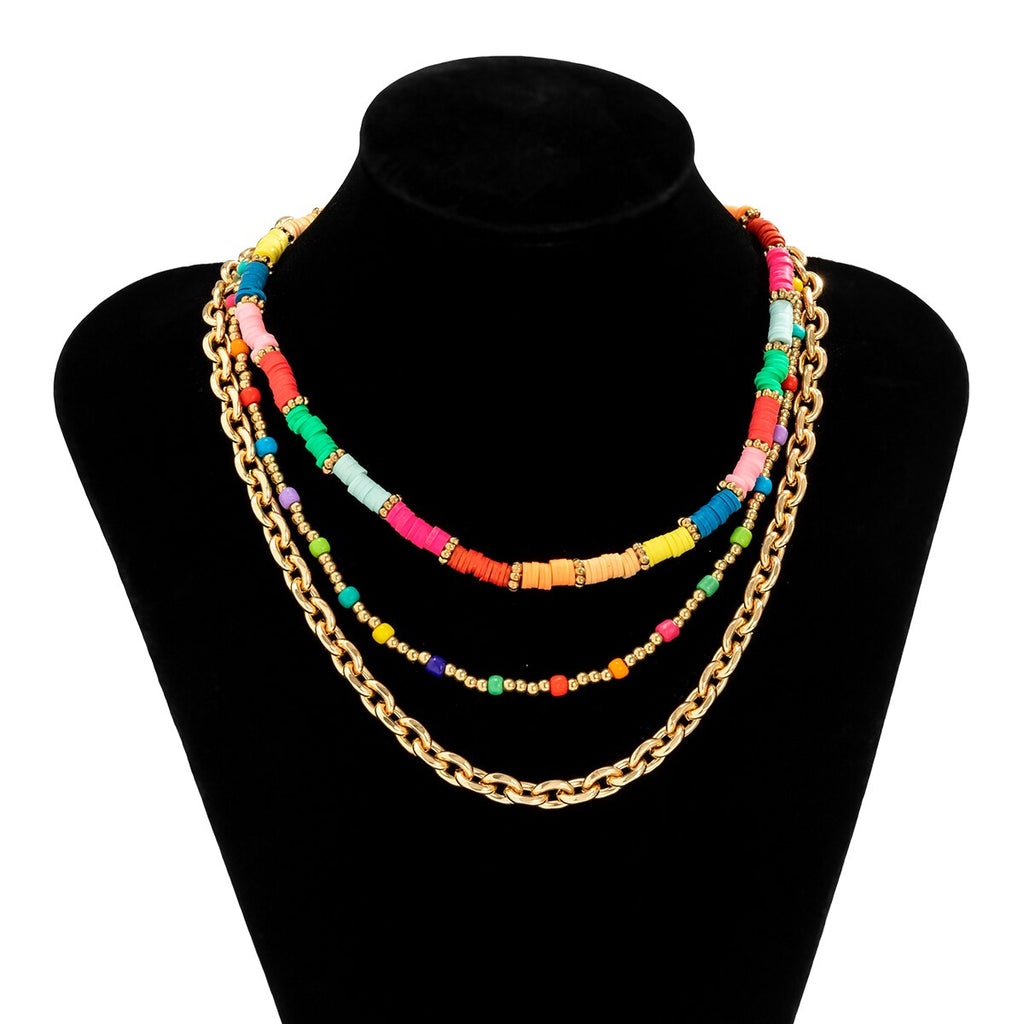 Lacteo Bohemian Rainbow Colorful Acrylic Chain Necklace For Women Trendy Heishi Clay Beads Multi Layered Choker Necklace Jewelry