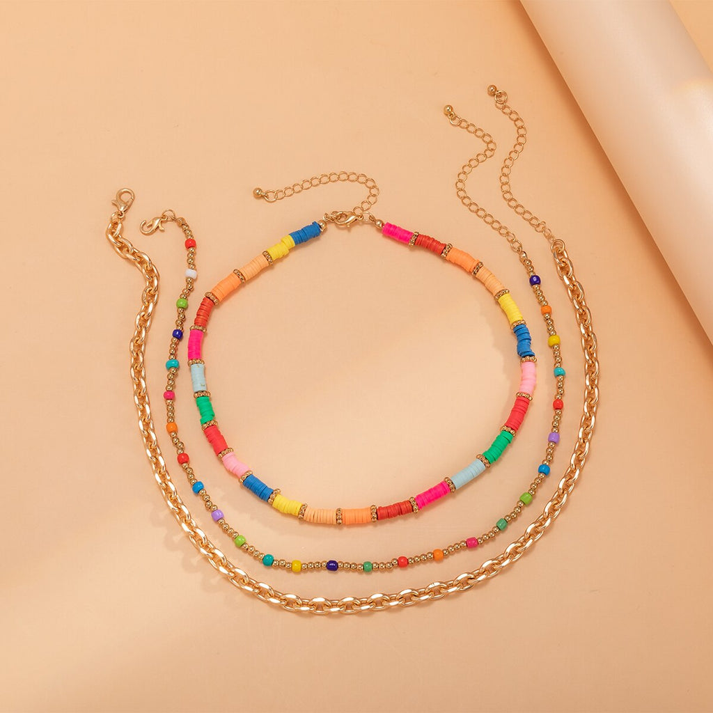 Lacteo Bohemian Rainbow Colorful Acrylic Chain Necklace For Women Trendy Heishi Clay Beads Multi Layered Choker Necklace Jewelry