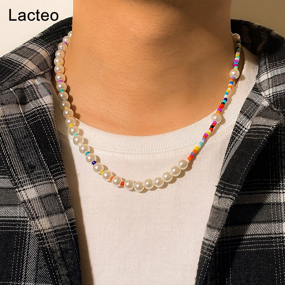 Lacteo Bohemian Rainbow Seed Acrylic Bead Chain Choker Necklace Jewelry Classic Imitation Pearl Clavicle Chain For Women Men Gif