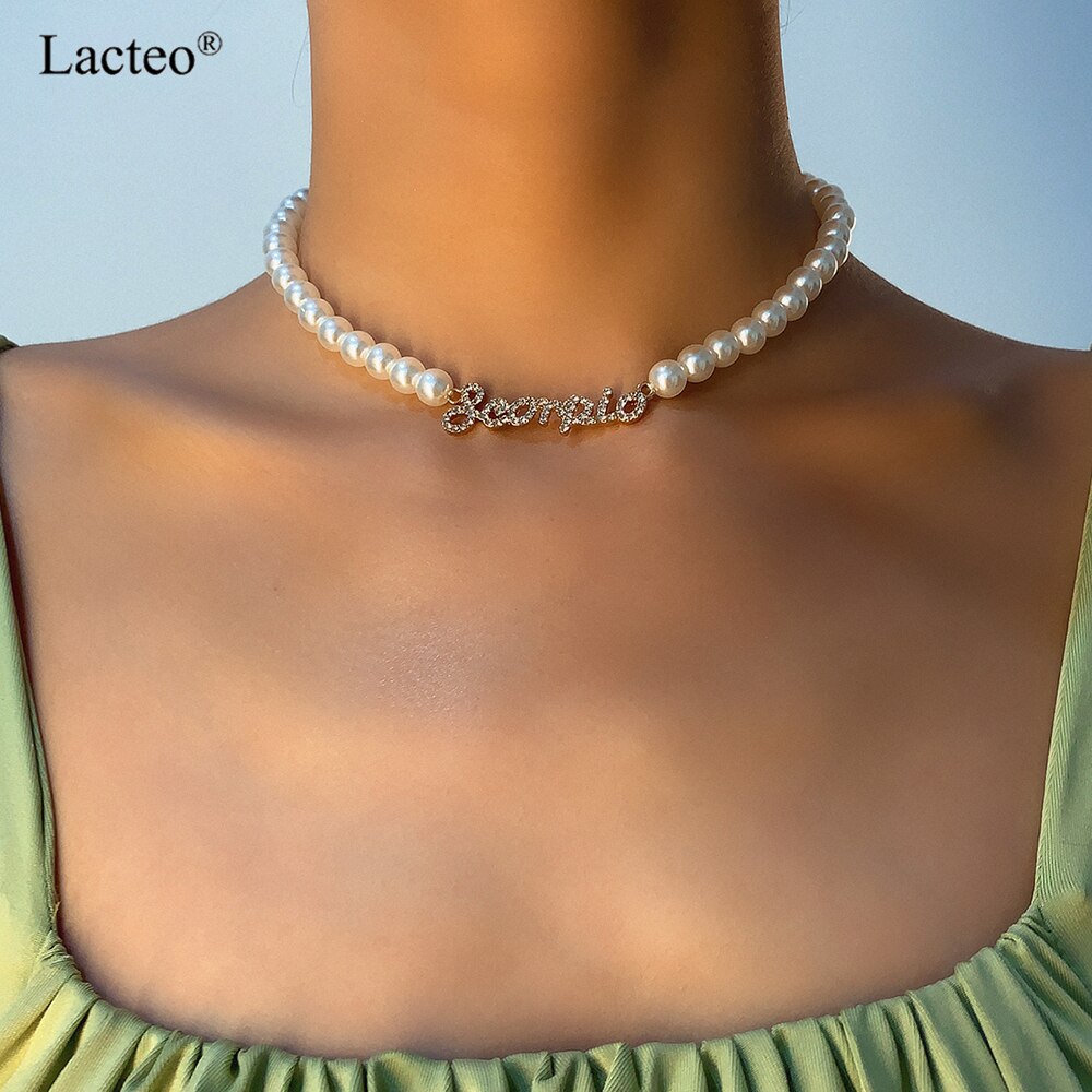 Lacteo Bohemian Shiny Rhinestone Letters Pendant Necklace Jewelry for Women 2022 Imitation Pearl-Chain Choker Necklace