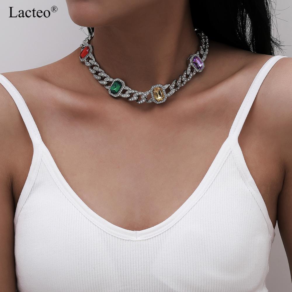 Lacteo Hip Hop Miami Cuba Lced Out Paved Colorful Rhinestone Choker Necklace Statement Jewelry for Women and Men Rapper Necklace
