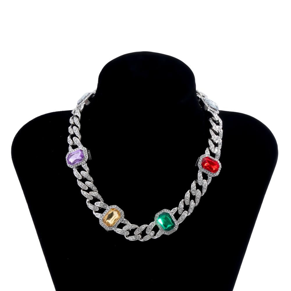 Lacteo Hip Hop Miami Cuba Lced Out Paved Colorful Rhinestone Choker Necklace Statement Jewelry for Women and Men Rapper Necklace