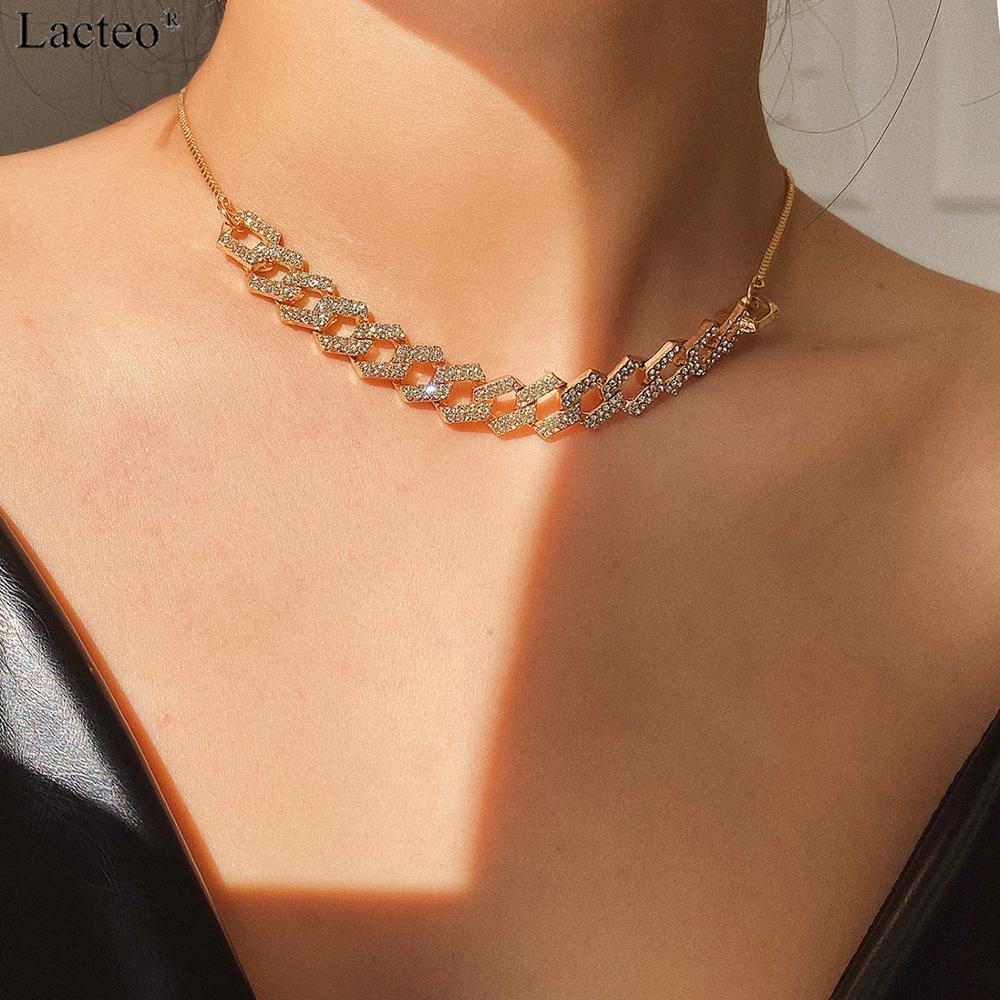 Lacteo Hip Hop Shiny Rhinestone Cross Chain Choker Necklace Sexy Gold Color Crystal Snake Chain Statement Jewelry 2021 for Women