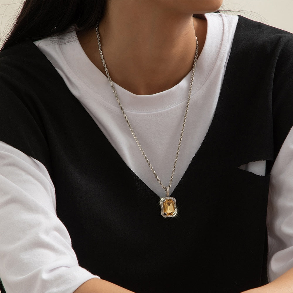 Lacteo Neo Gothic Geometric Square Rhinestone Pendant Necklace 2021 Twist Chain Colorful Shiny Crystal Choker Necklace