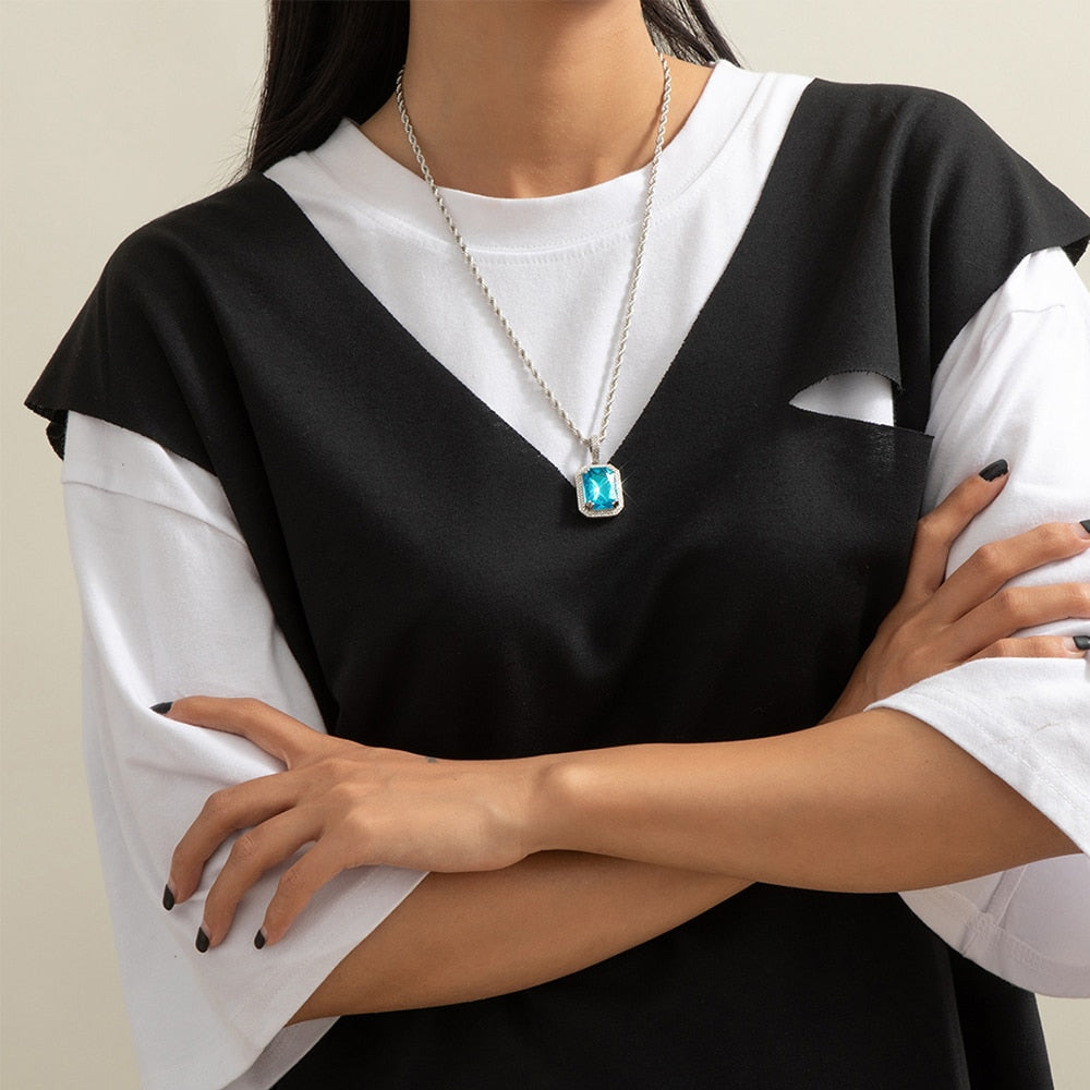 Lacteo Neo Gothic Geometric Square Rhinestone Pendant Necklace 2021 Twist Chain Colorful Shiny Crystal Choker Necklace